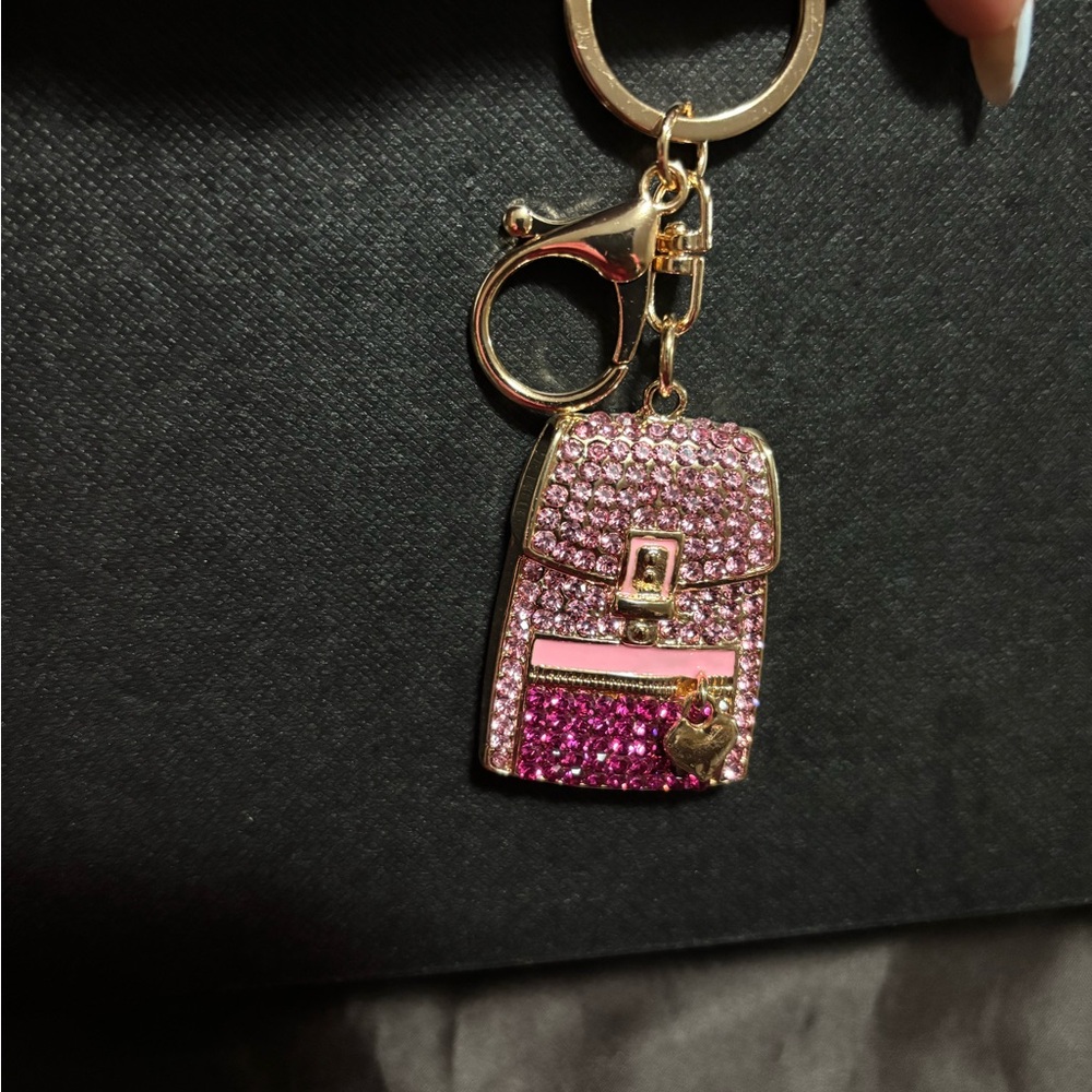 Pink and Gold Rhinestone Backpack Keychain - Picture 3 of 5